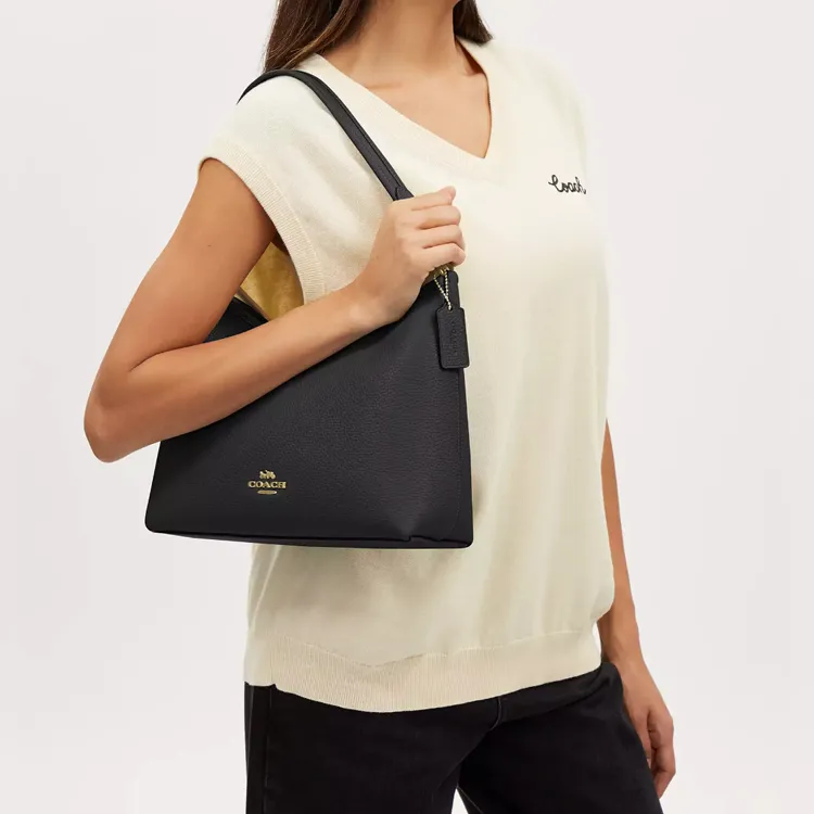 COACH Pebbled Leather Portable Crossbody Bag Shoulder Bag Large Size Women's Gold & Black-3