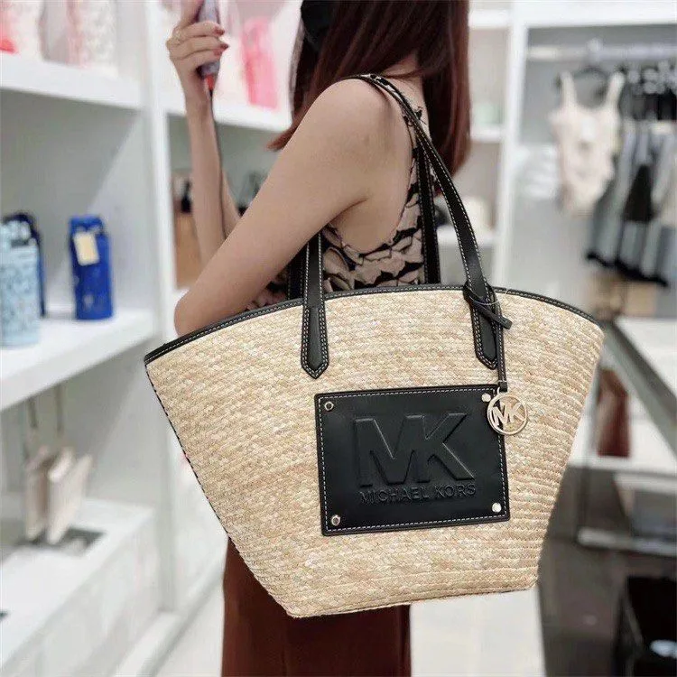 MICHAEL KORS Kimberly Artificial Leather Tote Bag, Shopping Bag, Shoulder Bag Large Size Women's Straw & Black-2