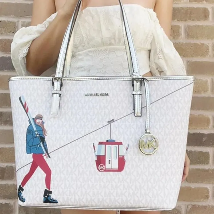 MICHAEL KORS Jet Set Artificial Leather Tote Bag Shopping Bag Shoulder Bags Handbags Medium Size Women's White & Silver-4