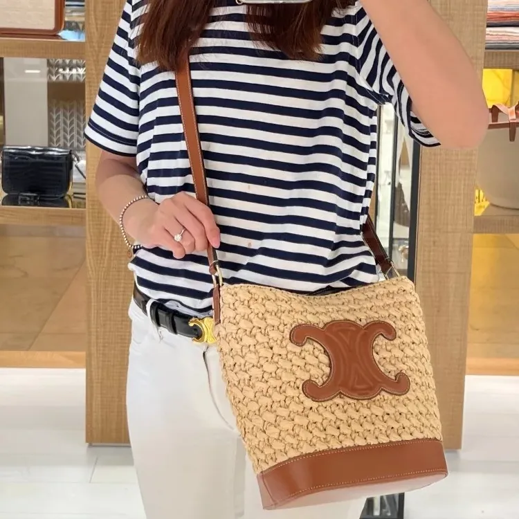 CELINE Raffia Calfskin Bucket Bags Shoulder Bag Crossbody Bag Regular Women's Beige & Brown-4