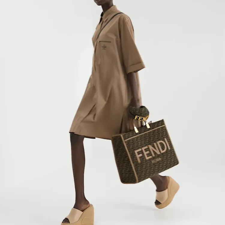 FENDI Cow Leather Sunshine Bag, Tote Bag, Shopping Bag, Handbag Tubas Unisex Brown-4