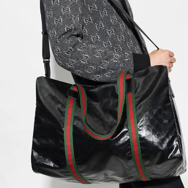GUCCI Crystal Canvas With Leather Trim Canvas Bag, Handbag, Shoulder Bag, Crossbody Bag, Travel Bag Tubas Men's Black-9