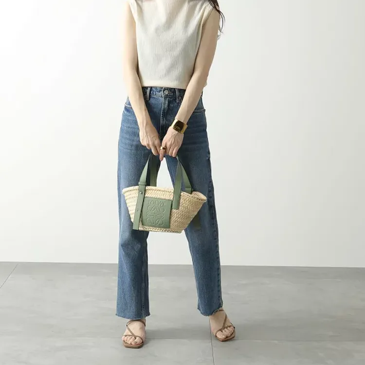 LOEWE Basket Palm Fiber Cow Leather Basket Bag Tote Bag Shopping Bag Handbag Small Size Women's Green-4