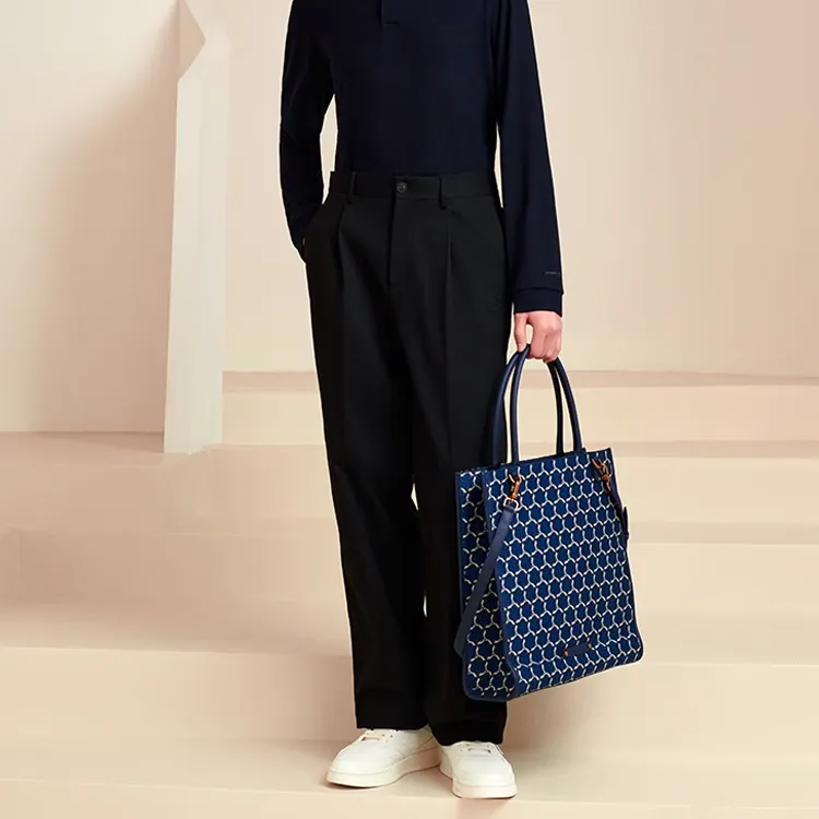 LI NING 1990 Fabric With Leather Tote Bag, Shopping Bag, Handbag, Shoulder Bag Regular Unisex Blue-4