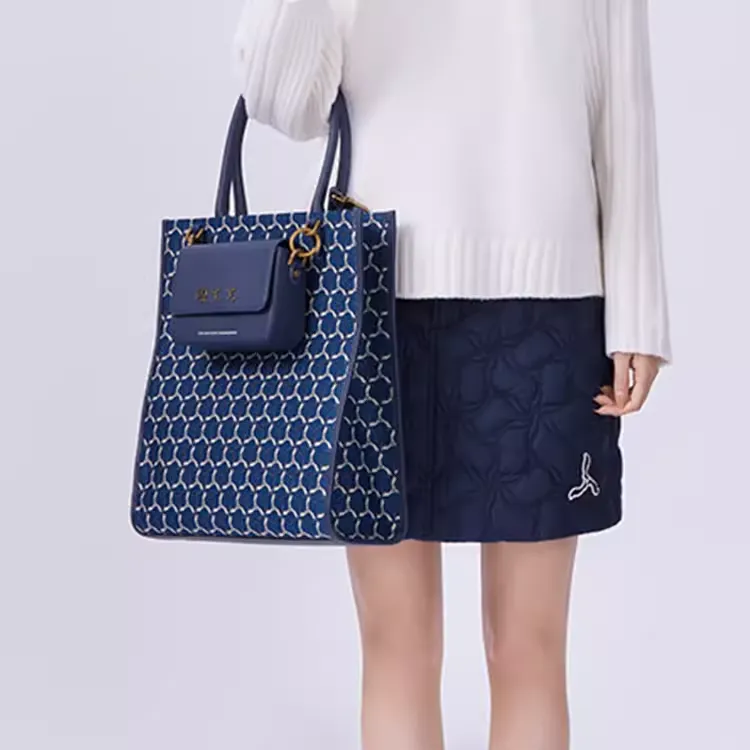 LI NING 1990 Fabric With Leather Tote Bag, Shopping Bag, Handbag, Shoulder Bag Regular Unisex Blue-3