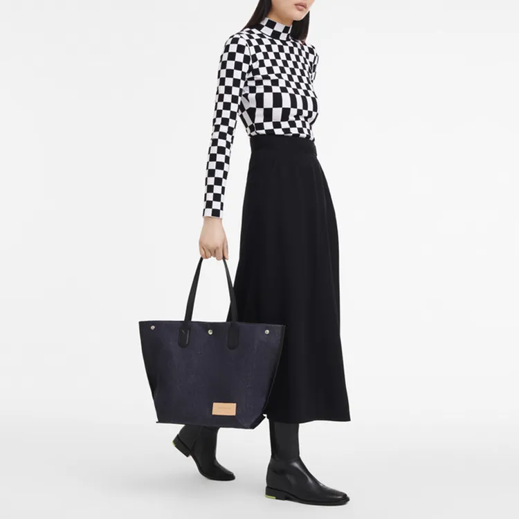 LONGCHAMP Denim, Leather Trim Tote Bag, Shopping Bag, Handbag, Shoulder Bag Women's Dark Blue-4