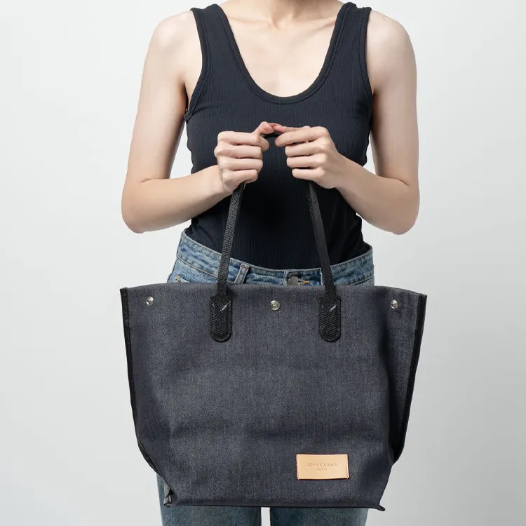 LONGCHAMP Denim, Leather Trim Tote Bag, Shopping Bag, Handbag, Shoulder Bag Women's Dark Blue-3
