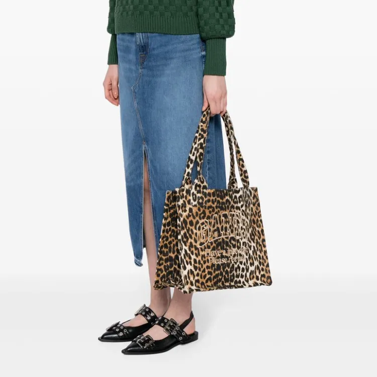 GANNI Canvas Tote Bag, Shopping Bag, Shoulder Bag, Handbag Large Size Women's Leopard Print-4