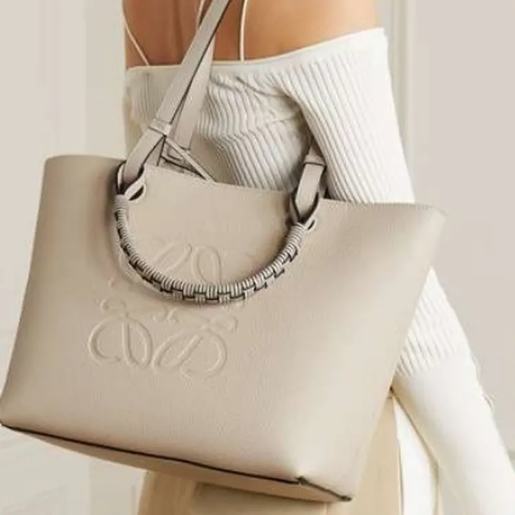 LOEWE Grained Calfskin Tote Bag Shopping Bag One Shoulder Handbag Small Size Women's Light Oat-4