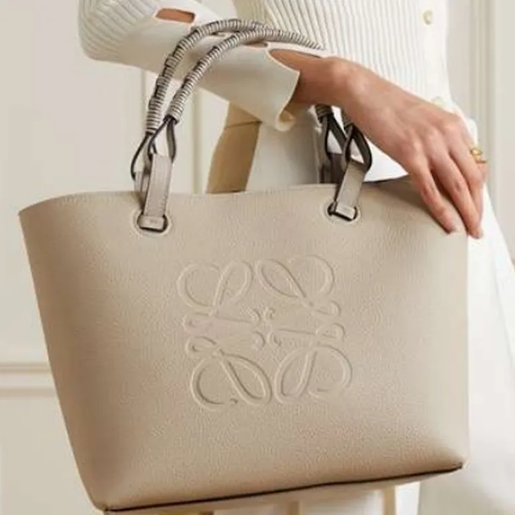LOEWE Grained Calfskin Tote Bag Shopping Bag One Shoulder Handbag Small Size Women's Light Oat-5