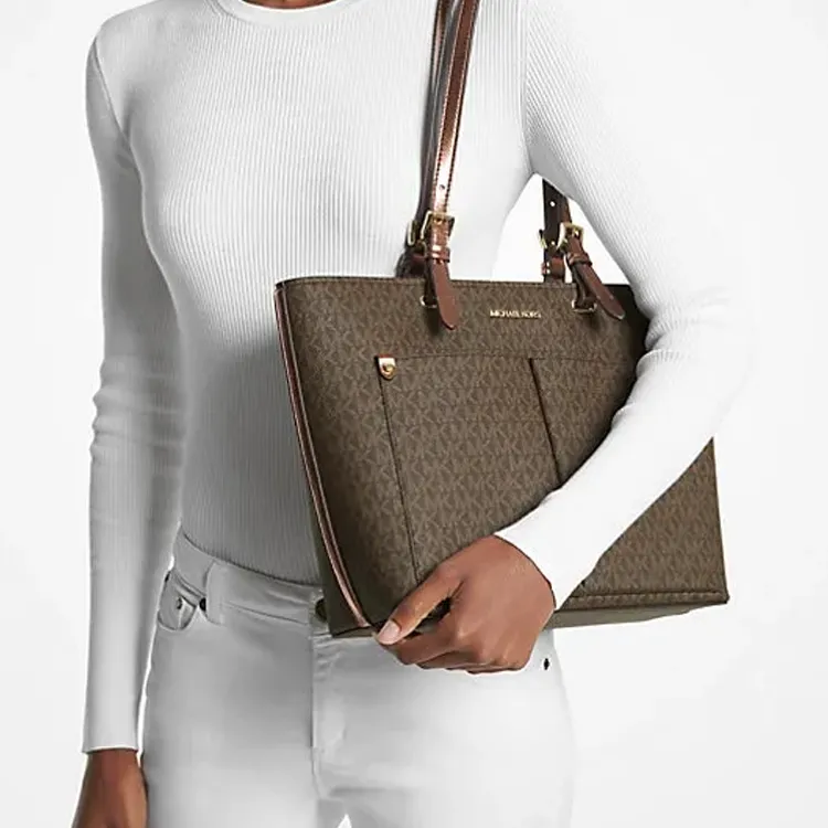 MICHAEL KORS Jet Set Travel Canvas Tote Bag Shopping Bag Crossbody Handbag Medium Size Unisex Mocha-4