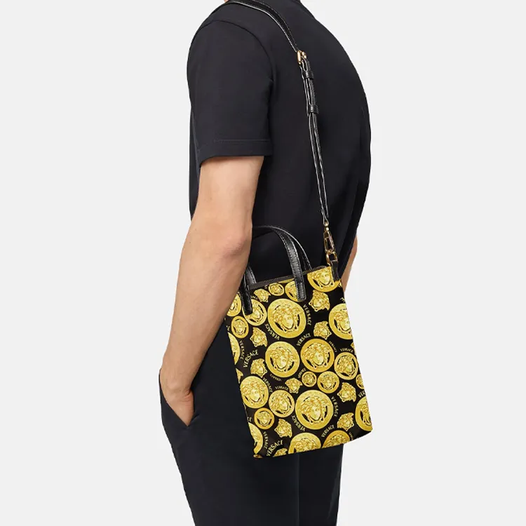 VERSACE Textile Cow Leather Tote Bag Shopping Bag Shoulder Bag Crossbody Bag Mini Unisex Gold-4