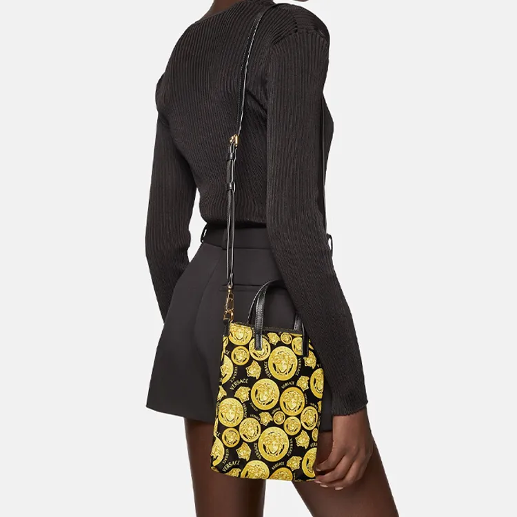 VERSACE Textile Cow Leather Tote Bag Shopping Bag Shoulder Bag Crossbody Bag Mini Unisex Gold-3