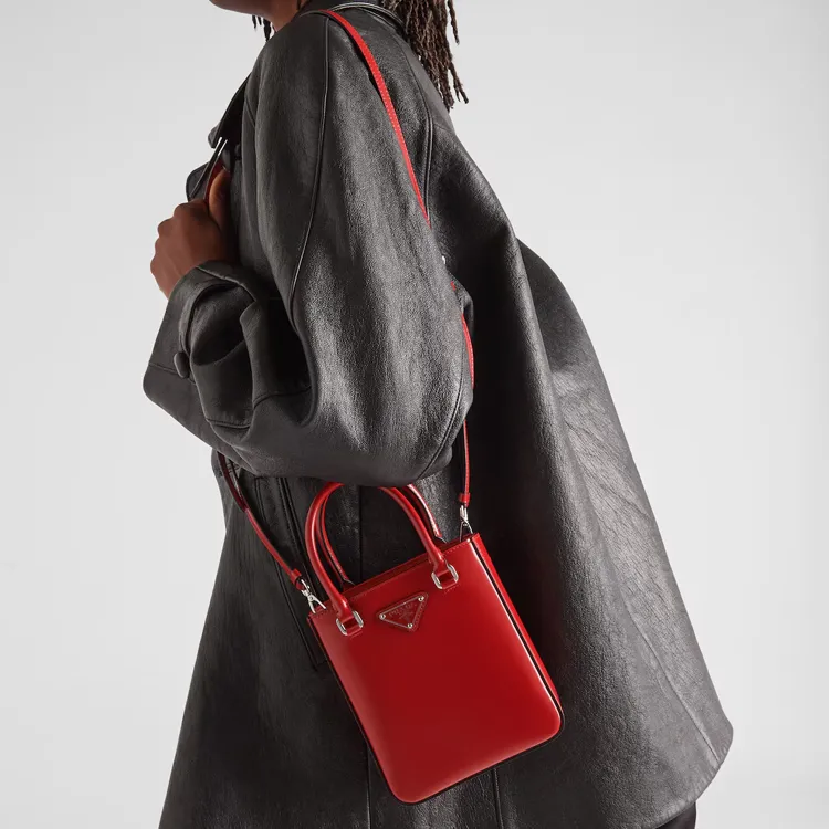 PRADA Leather Tote Bag Shopping Bag Portable Crossbody Bag Shoulder Bag Small Size Women's Scarlet-4