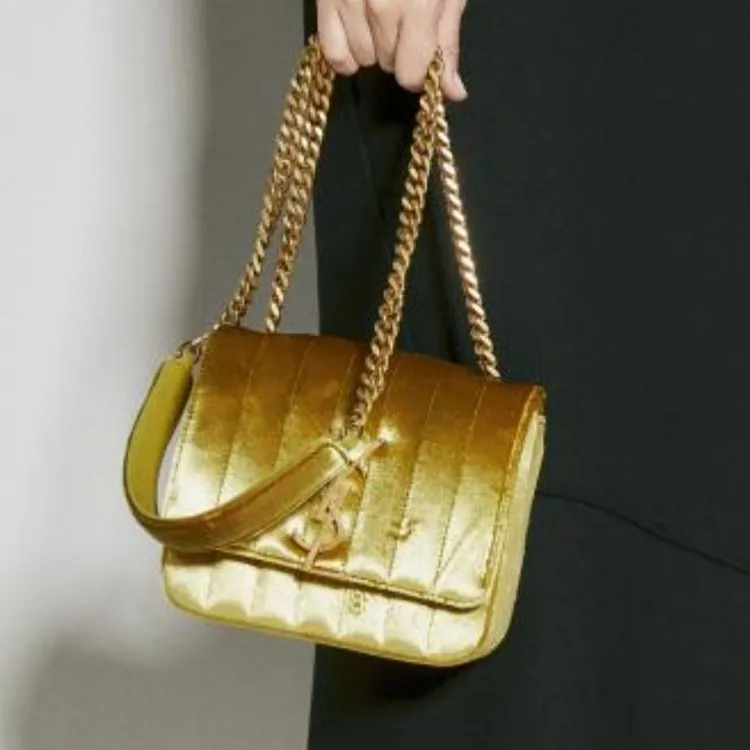 SAINT LAURENT Vicky Viscose Blended With Silk Shoulder Bag Crossbody Bag Small Size Women's Gold-5