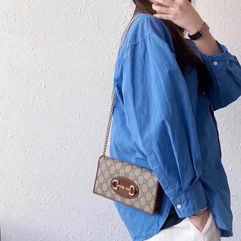 GUCCI Horsebit 1955 Coated Canvas With Leather Shoulder Bag, Crossbody Bag Women's Ebony & Brown-3