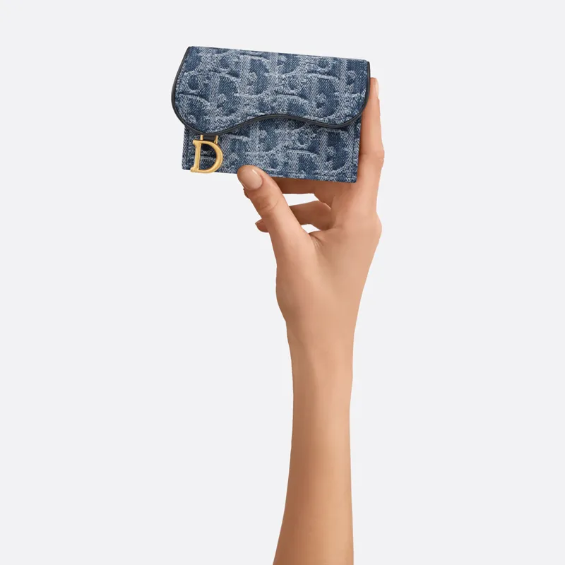 DIOR SaddleOBLIQUE Canvas With Denim Card Holder Women's Blue-4
