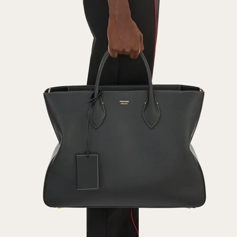 FERRAGAMO Natural Grain Vegetable Tanned Cow Leather Tote Bag Shopping Bag Handbag Large Size Men's Black-4