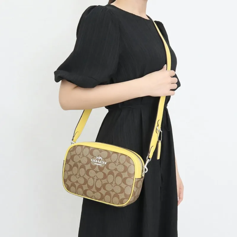COACH Jamie Canvas With Leather Shoulder Bag, Crossbody Bag Medium Size Women's Silver & Khaki & Vintage Yellow-4