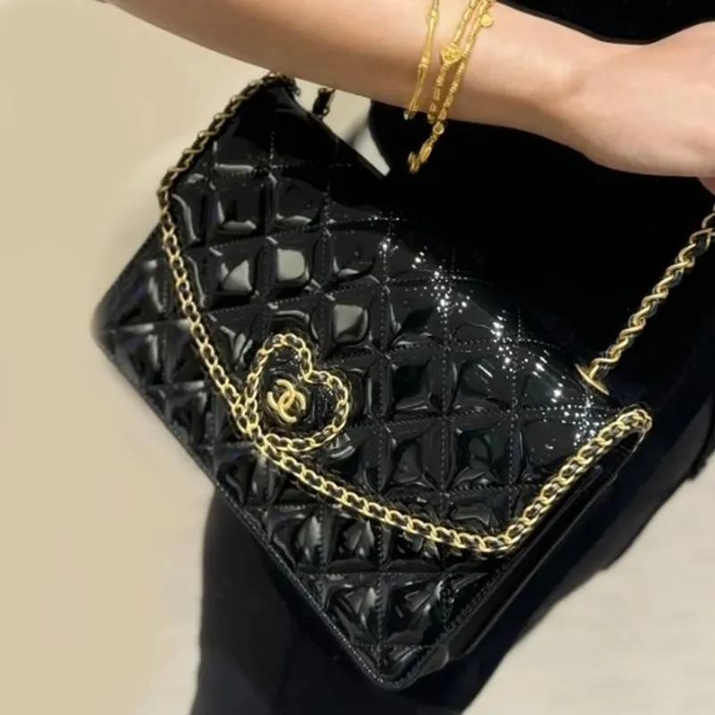 CHANEL Calf Patent Leather Crossbody Wallet Women's Black-5
