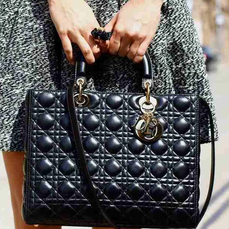 DIOR Lady Dior Patent Leather Cowhide Dior Bag Shoulder Bag Crossbody Bag Handbag Large Size Women's Black-4