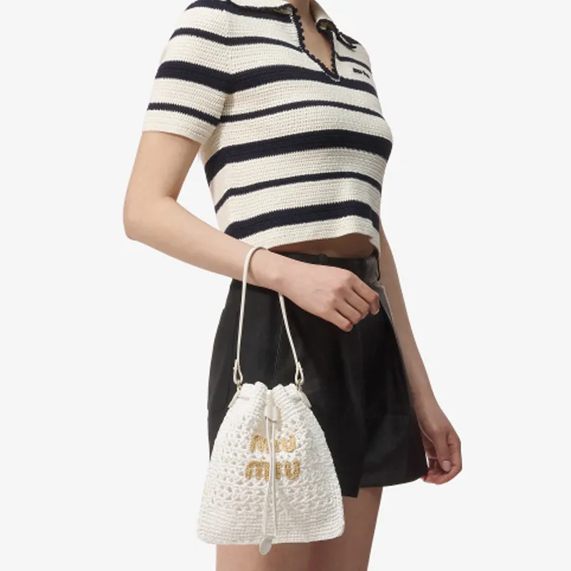 MIU MIU Raffia With Leather Handbag, Shoulder Bag Women's White-6