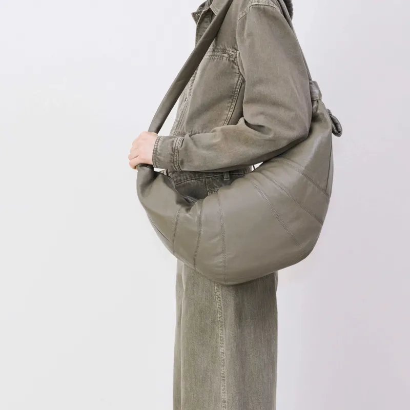 Lemaire Lambskin Croissant Bag Crossover Bag Goat Horn Bag Crossbody One Shoulder Handbag Large Size Women's Gray Green-4