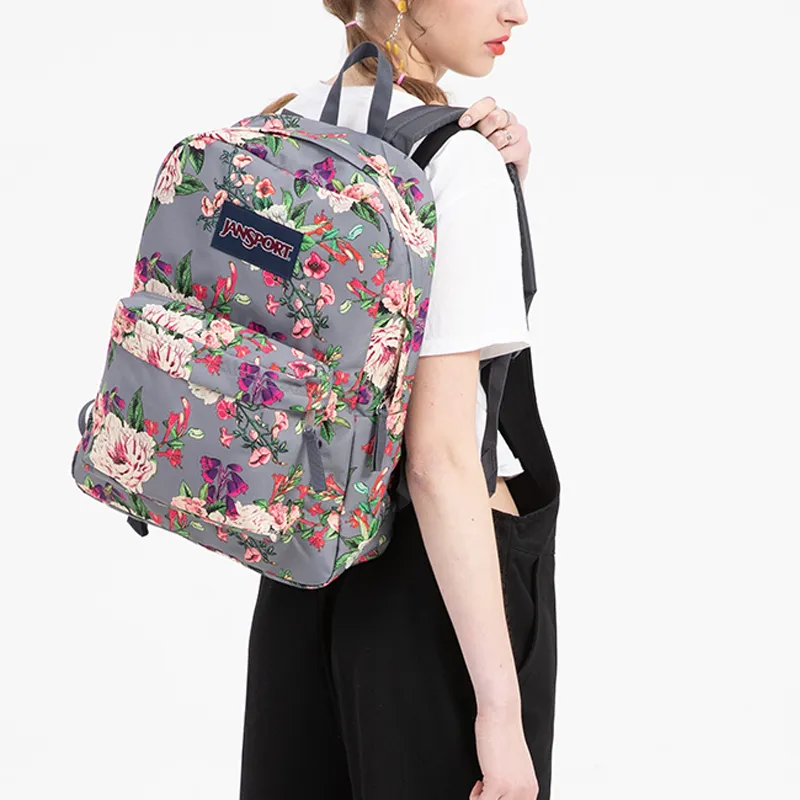JanSport Polyester Backpack Medium Size Women's Gray Bouquets-3