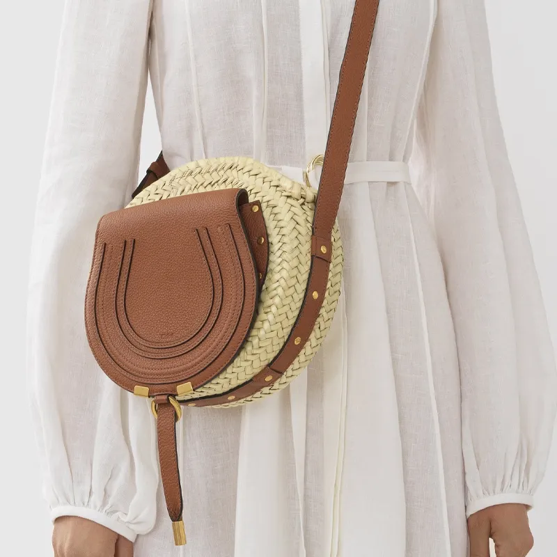 Chloe Marcie Raffia With Grain Calfskin Handbag, Shoulder Bag, Crossbody Bag Regular Women's Brown-3
