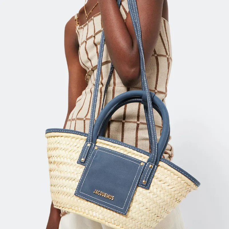 Jacquemus Palm Leaf With Cow Leather Accents Basket Bag Shoulder Bag Crossbody Bag Handbag Mini Women's Blue-4