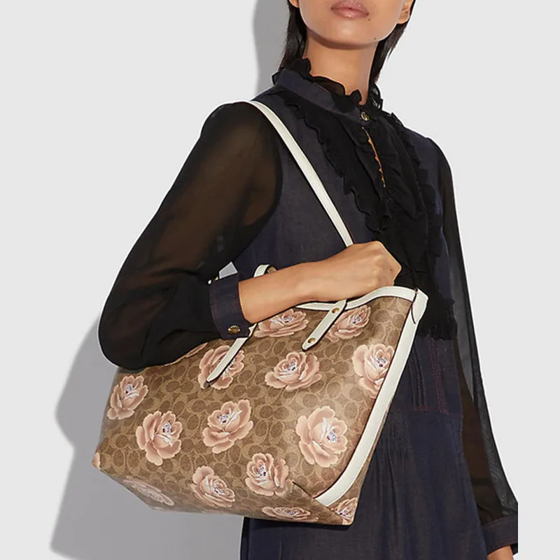 COACH Market Tote Canvas With Leather Tote Bag Shopping Bag Handbag Shoulder Bag Large Size Women's Brown-4
