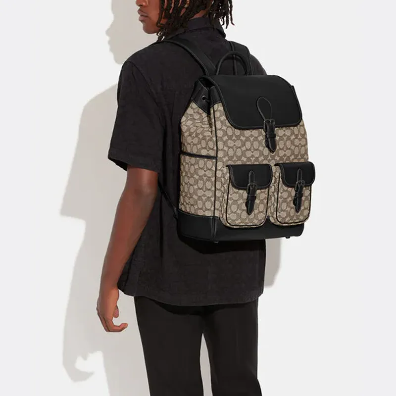 COACH Frankie Textile Jacquard With Glove Tanned Leather Backpack Large Size Unisex Black & Gray-3