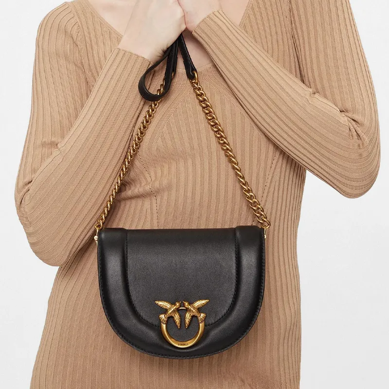 PINKO Cow Leather Shoulder Bag, Crossbody Bag Mini Women's Black-3