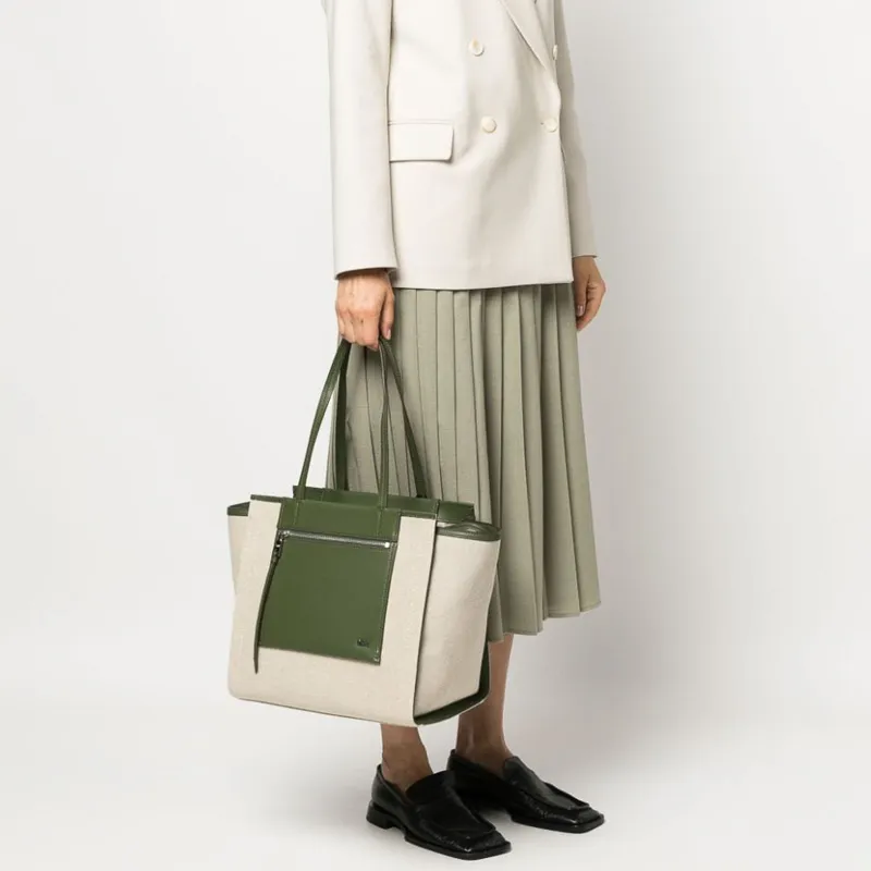 DKNY Cotton With Calfskin Tote Bag Shopping Bag Shoulder Bag Handbag Women's Olive Green-3