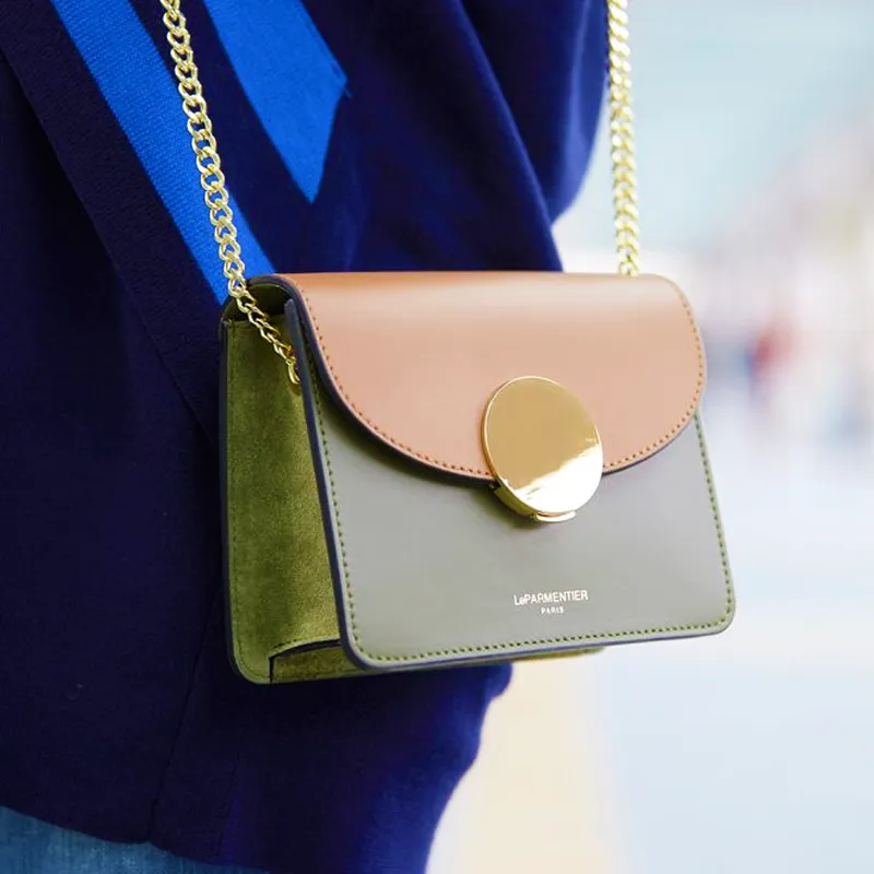 Le Parmentier Genuine Leather Crossbody Bag Shoulder Bag Mini Women's Caramel Patchwork Green-3