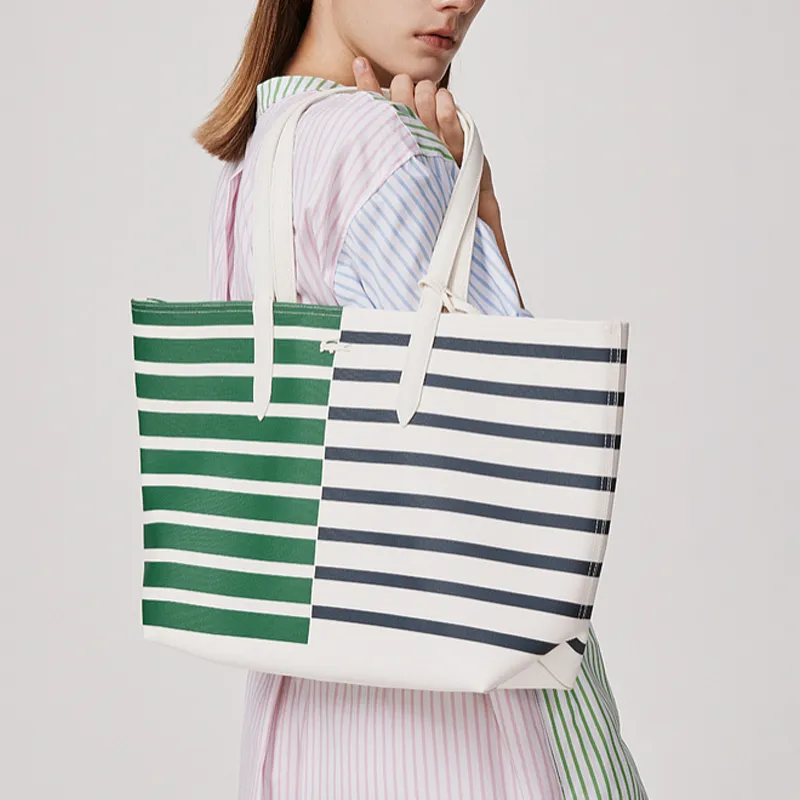 LACOSTE PVC Tote Bag Shopping Bag Handbag Medium Size Women's Ivory Green Blue-4
