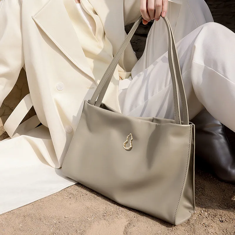 BAMPO Cow Leather Tote Bag, Shoulder Bag Trumpets Women's Light Gray White/Pure Black/Caramel-2