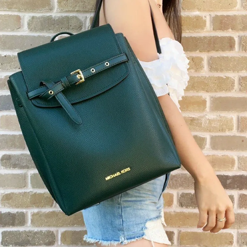MICHAEL KORS MK Emilia Cow Leather Leather Commute Fashion Flap Backpack Medium Size Women's Dark Ink Green-3