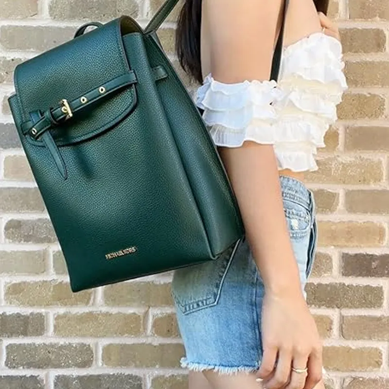 MICHAEL KORS MK Emilia Cow Leather Leather Commute Fashion Flap Backpack Medium Size Women's Dark Ink Green-4