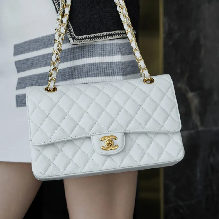 CHANEL Classic Flap CF Cow Leather Chain Bag, Crossbody Bag Women's White-3