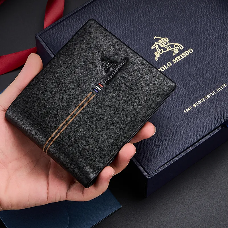 POLOMEISDO Top Grain Cow Leather Men's Practical Wallet Regular Men's Black Customizable Exclusive Greeting Card-2