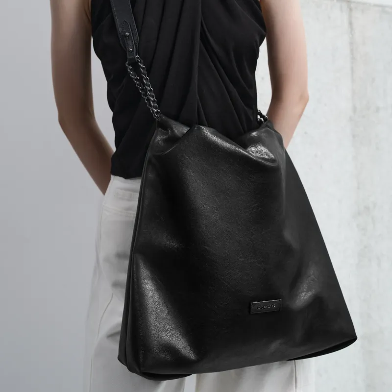 INJOYLIFE Cow Leather Crossbody Tote Bag Large Size Women's Black-3