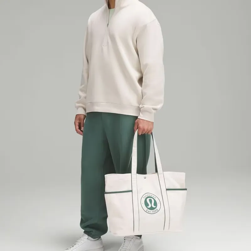 Lululemon 100% Cotton Tote Bag, Shopping Bag, Shoulder Bag, Handbag Regular Unisex Natural & Forest-3
