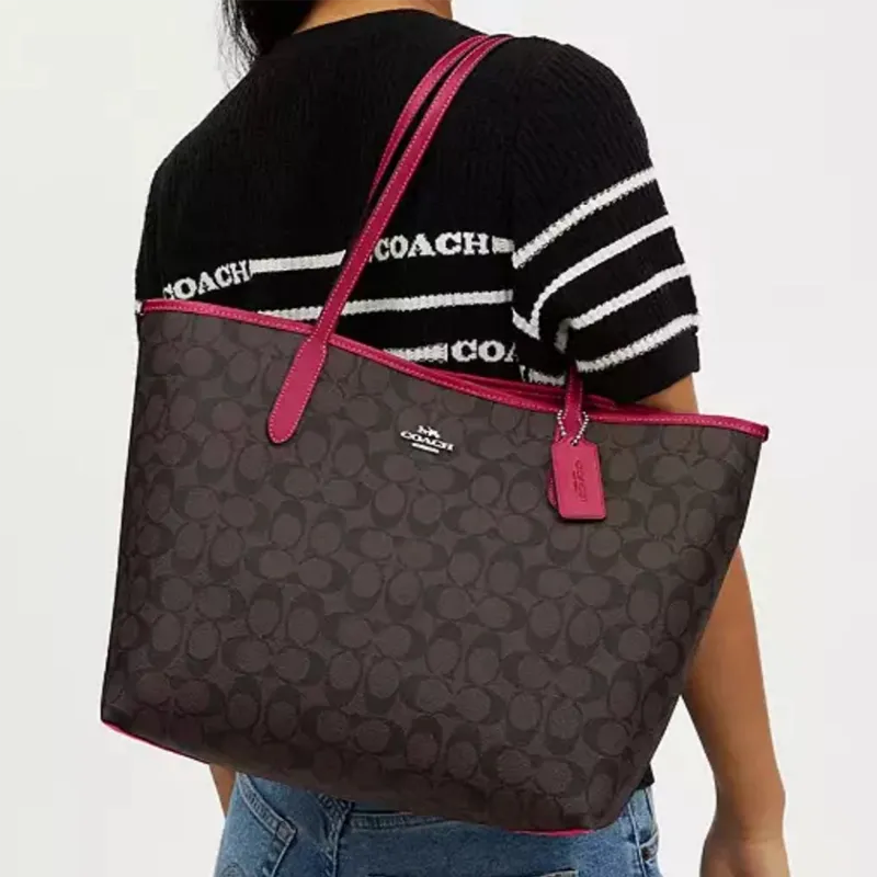 COACH City Coated Canvas Tote Bag, Shopping Bag, Handbag Tubas Women's Red & Coffee-4