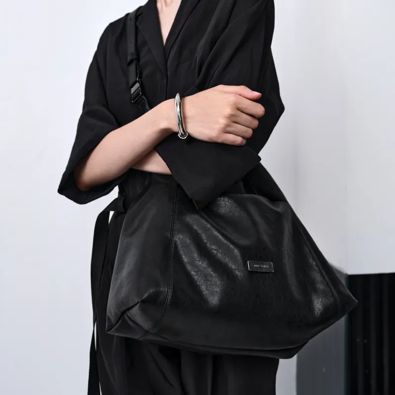 INJOYLIFE Cow Leather Tote Bag Shoulder Bag Medium Size Unisex Black-3