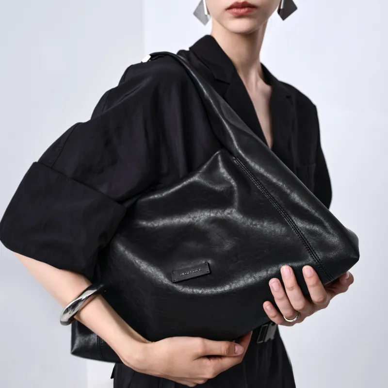 INJOYLIFE Cow Leather Tote Bag Shoulder Bag Medium Size Unisex Black-4