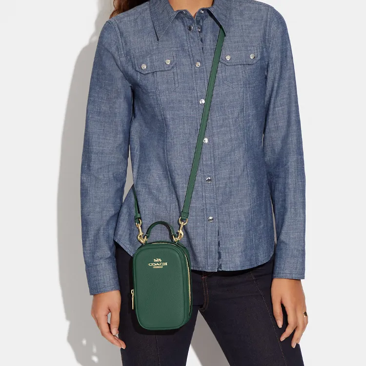 COACH Eva Pebbled Leather Cell Phone Pouch, Shoulder Bag, Crossbody Bag Regular Women's Dark Green-3