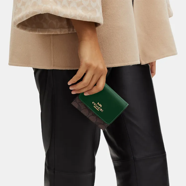 COACH Trifold Wallet Coated Canvas With Smooth Leather Card Holder Wallet Small Size Women's Coffee Stacked Green-4