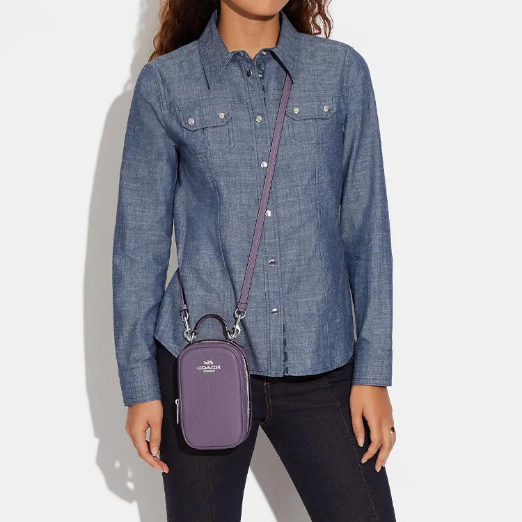 COACH Eva Pebbled Leather Cell Phone Pouch, Shoulder Bag, Crossbody Bag Regular Women's Purple-3