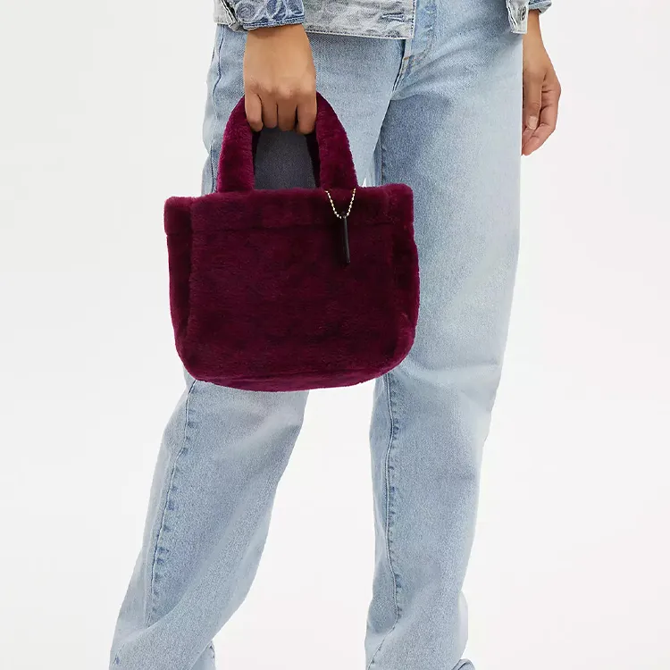 COACH Shearling Bonded Leather Tote Bag Shopping Bag Shoulder Bag Crossbody Bag Handbag Small Size Women's Burgundy-3